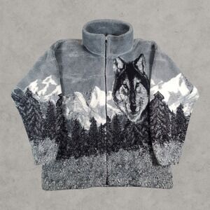 Vintage Bear Ridge Jacket Mens Medium Gray Wolf Nature Full Zip Mountain Scene